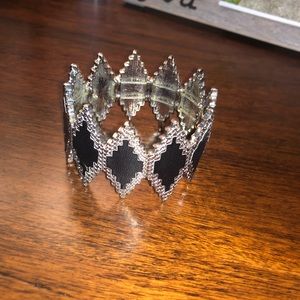 NWOT Silver bracelet with leather black accents